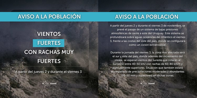 Inumet advierte por la formación de un ciclón extratropical con vientos superiores a los 80 Km/h en la franja costera; jueves 2 y viernes 3