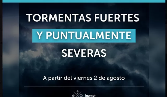 Inumet advierte por tormentas fuertes y puntualmente severas y vientos fuertes durante el fin de semana