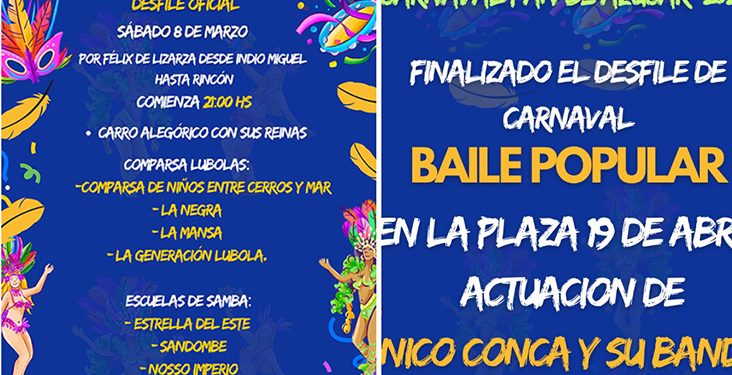 Hoy en Pan de Azúcar! Desfile Oficial de Carnaval con cierre y gran baile en la plaza; Nico Conca y su banda en vivo!