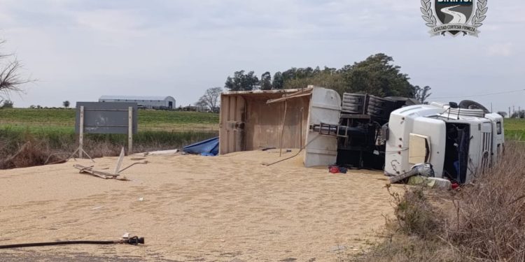 Vuelco de camión en Ruta 21 deja un lesionado y provoca desvío del tránsito en Conchillas