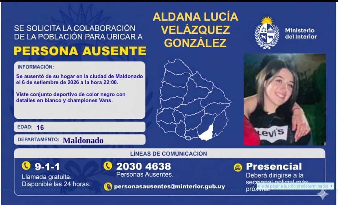 Buscan a una adolescente de 16 años ausente de su hogar en Maldonado